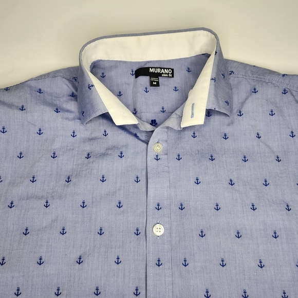 Murano Slim Fit Blue Anchors Button-Up Short Sleeve Casual Men's M Shirt Cotton - Picture 3 of 7